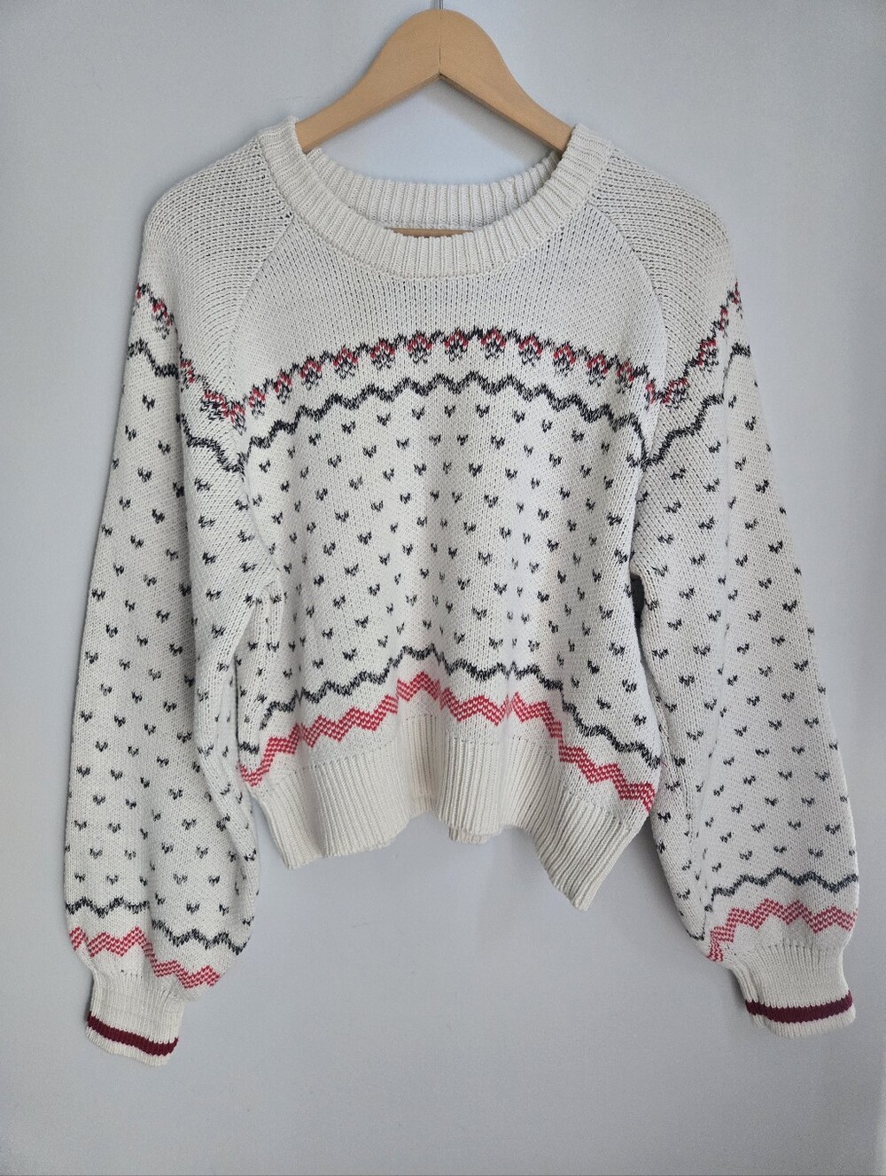 ROOTS CABIN Cream Fair Isle Crewneck Knit Sweater